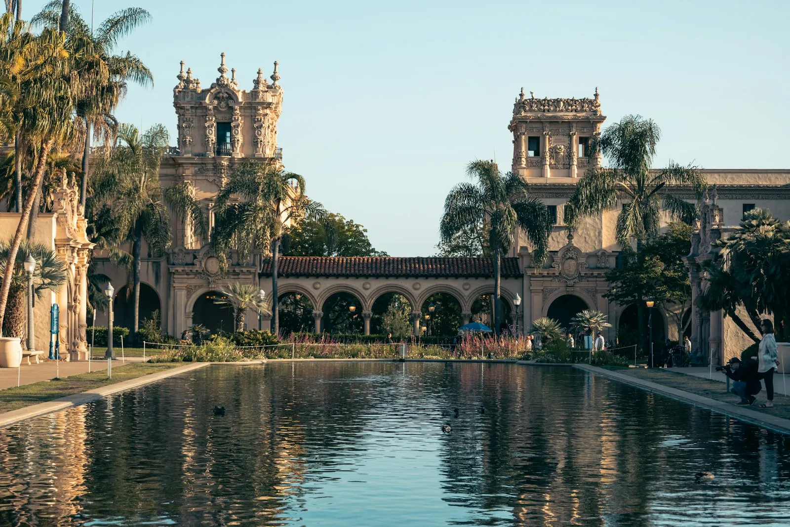 Balboa Park 的 Lily Pond 倒映着西班牙文艺复兴风格的建筑与棕榈树