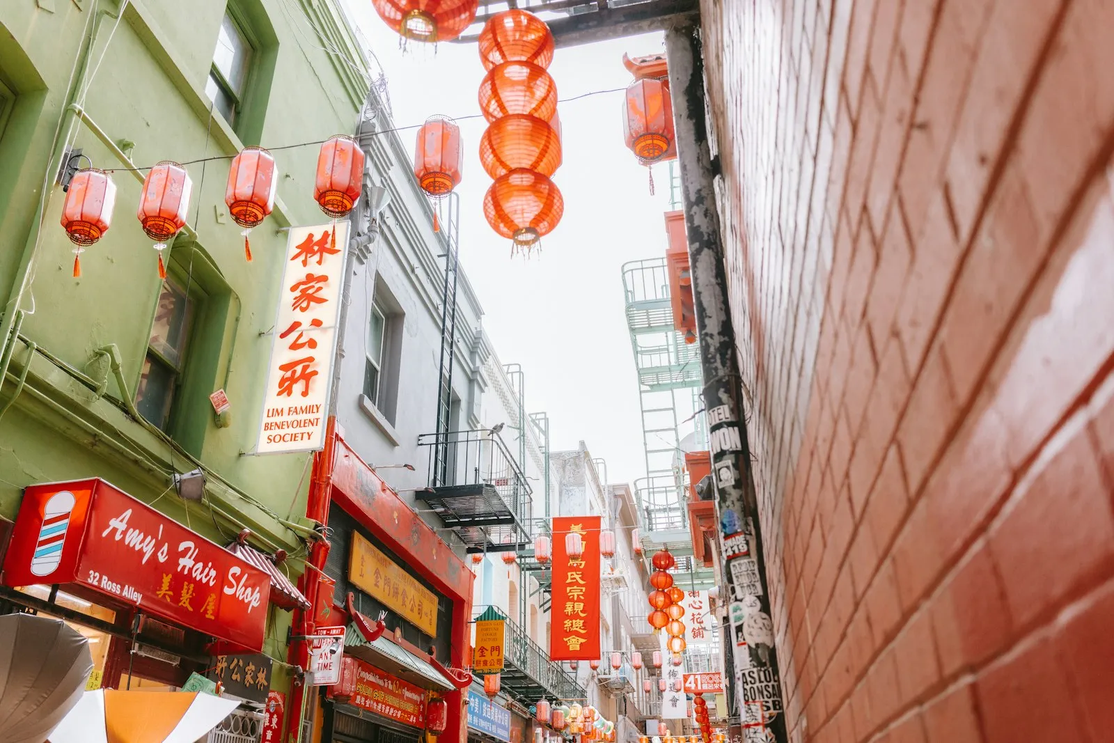 Ross Alley 一带仰拍的红灯笼串与林家公所招牌