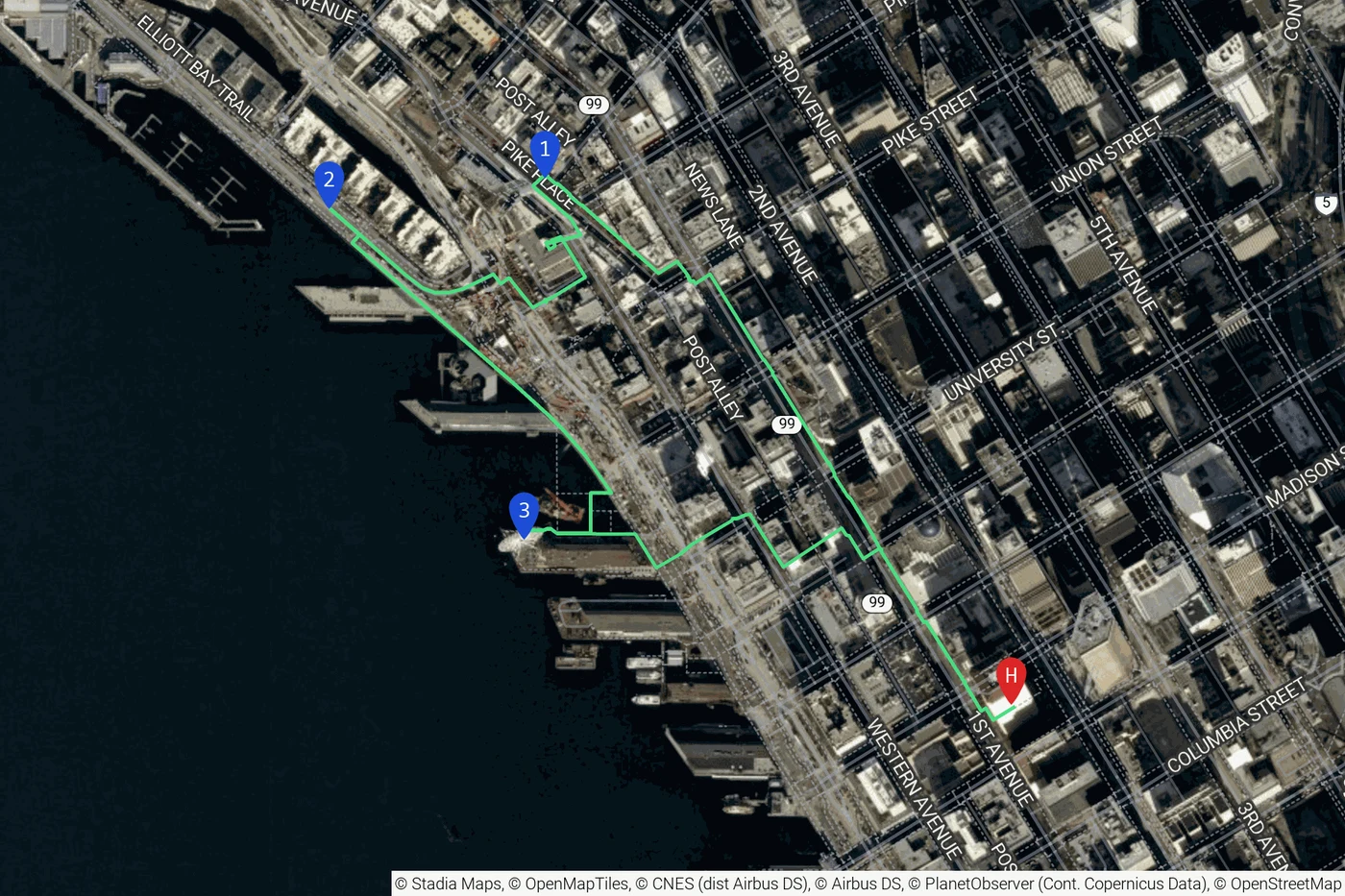 9 月 25 日市中心步行路线：Hotel 1000、派克市场、Overlook Walk 到 Pier 57 摩天轮