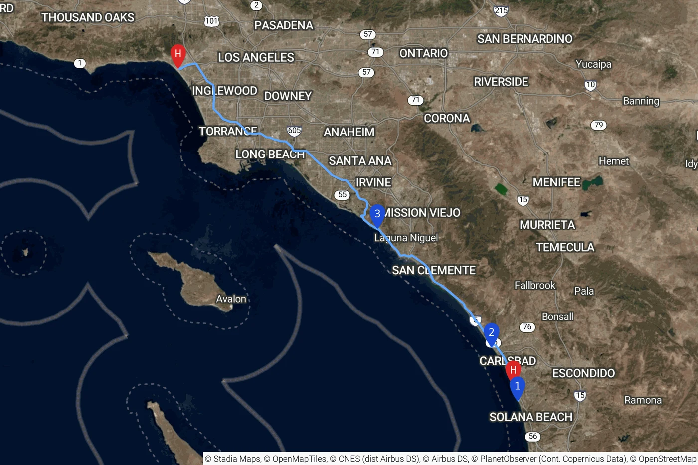 10 月 5 日沿海北上路线:Encinitas、Swami's、Oceanside 栈桥、Laguna Beach 到 Santa Monica