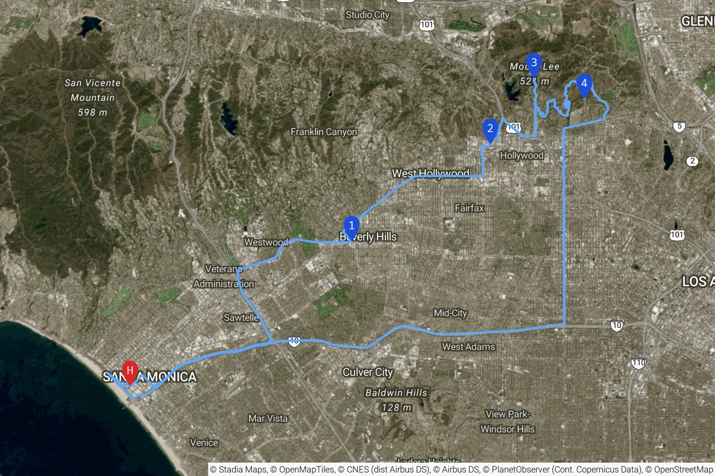 10 月 6 日洛杉矶路线:从 Santa Monica 经 Beverly Hills、星光大道、Lake Hollywood 到 Griffith 天文台