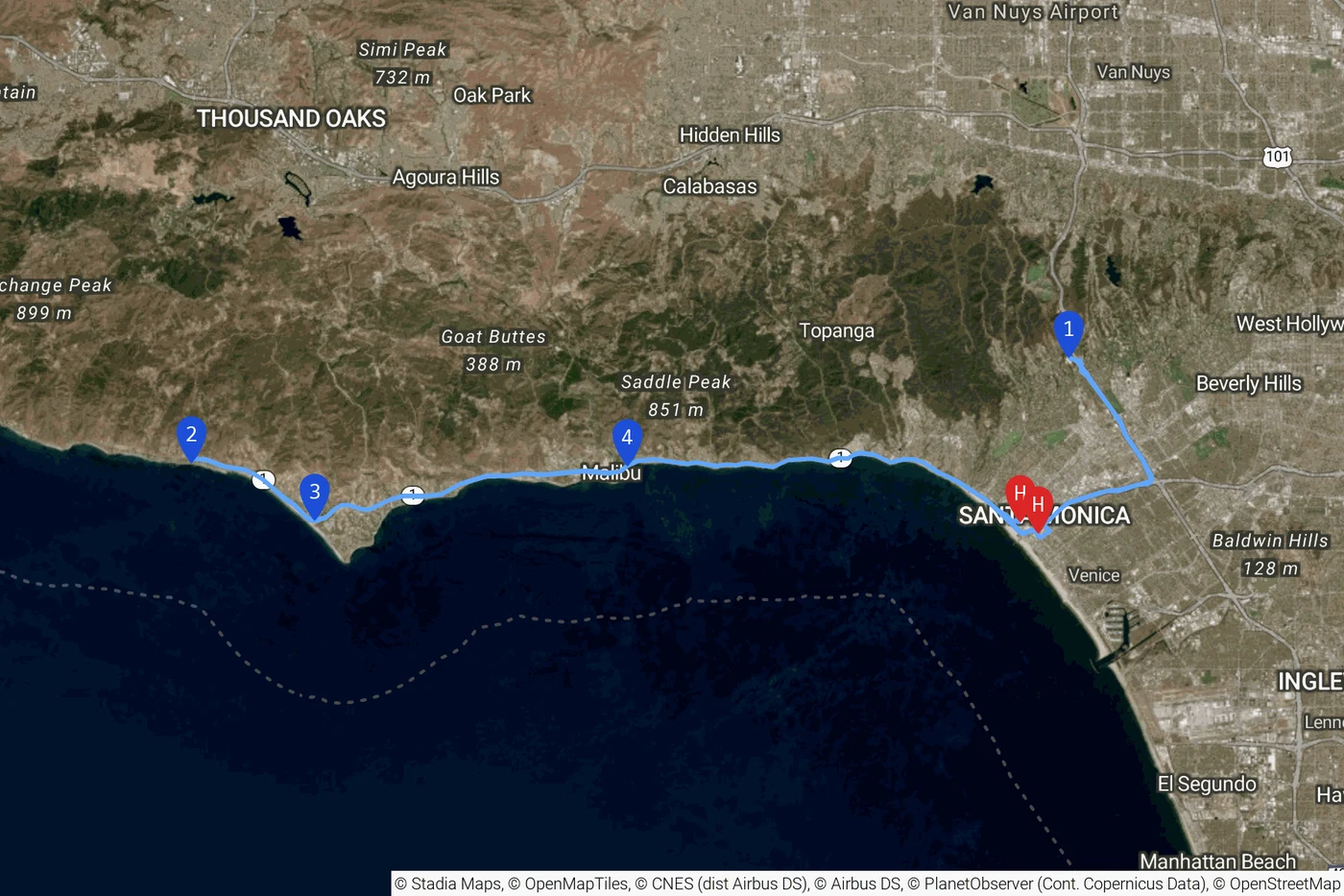 10 月 7 日路线:Getty Center 之后翻山进 Malibu,El Matador、Point Dume 到 Malibu Pier
