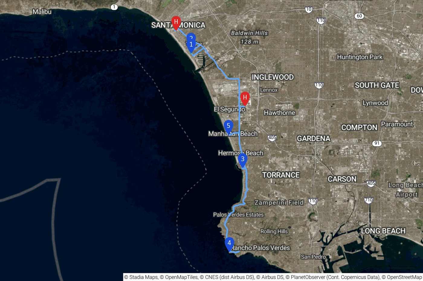 10 月 8 日洛杉矶南湾路线:Venice 运河、Redondo 栈桥、Palos Verdes 的 Point Vicente 灯塔到 Manhattan Beach