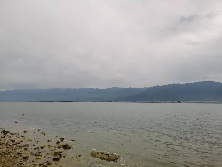 阴天的洱海，水面平静，远处群山隐在云雾中，近岸是布满礁石的浅滩
