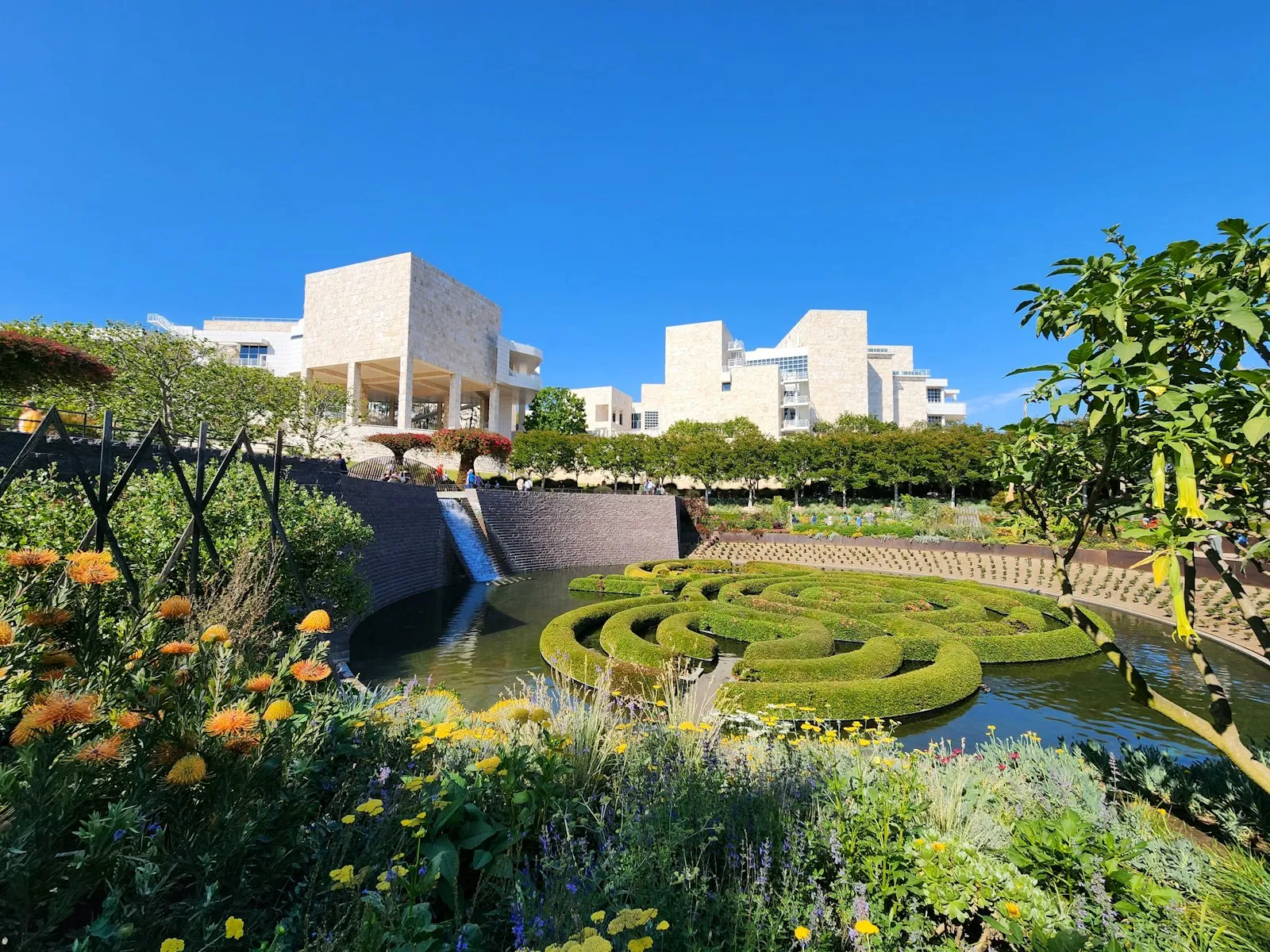 Getty Center 中央花园:水池中的杜鹃花迷宫,四周是花丛,背后是石灰岩建筑