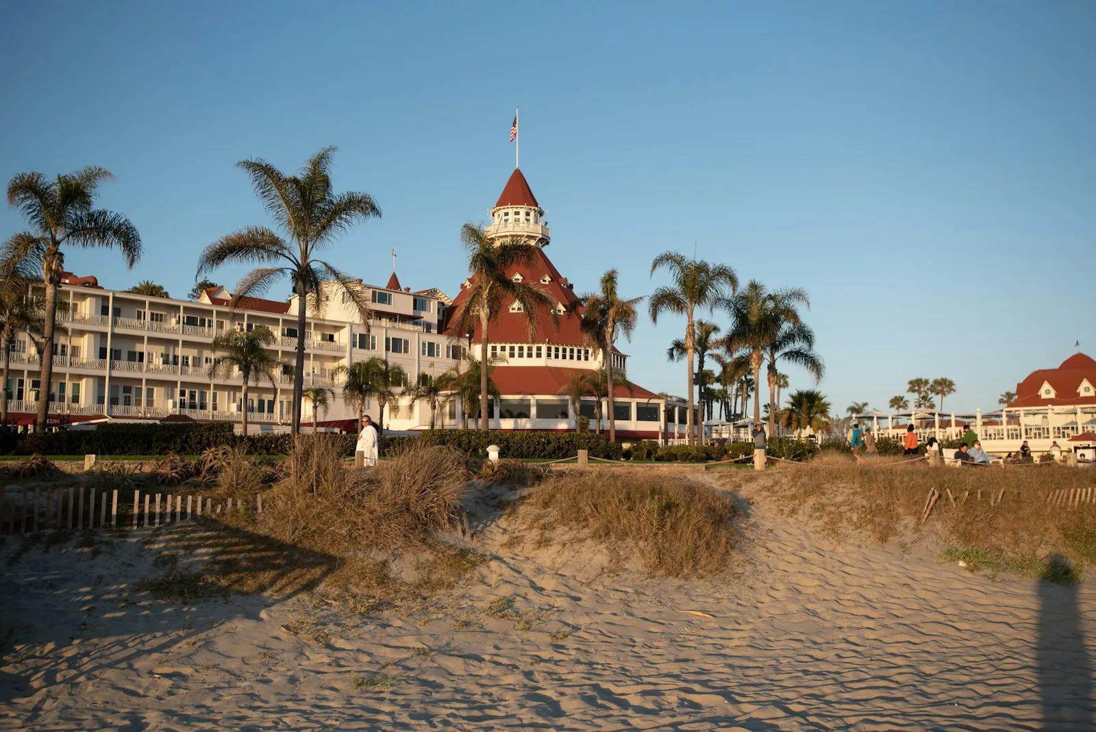 黄金时刻的 Hotel del Coronado,红色尖顶与白色木结构建筑立在沙丘和棕榈树后
