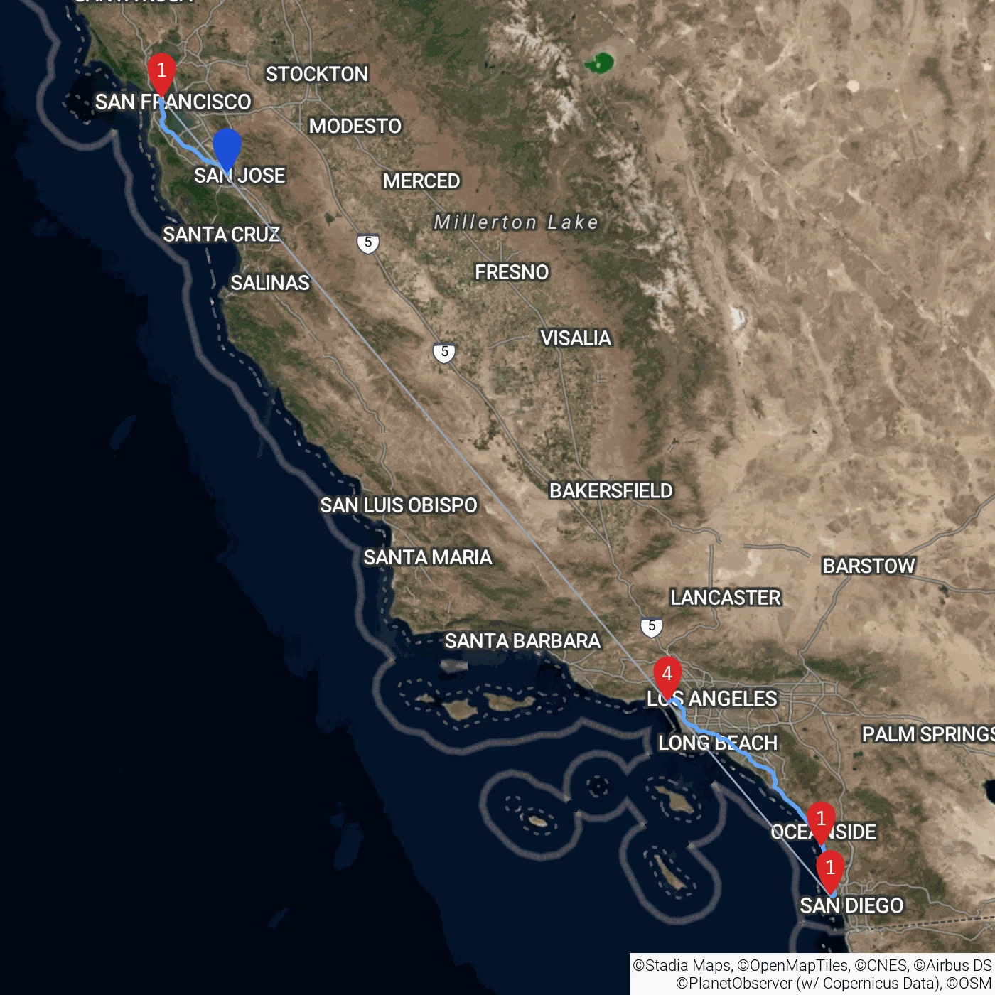 加州全程路线图:旧金山、圣地亚哥、Encinitas 与洛杉矶四个过夜点,以及 SFO 飞 SAN 的航段