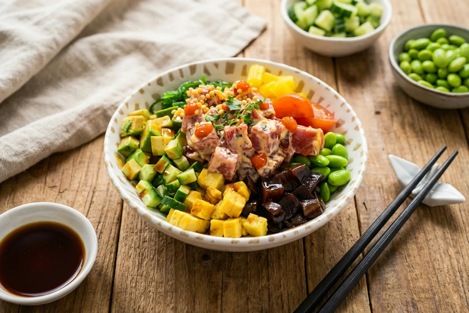 俯拍金枪鱼 poke bowl：生鱼、芒果、牛油果、毛豆，旁边是酱油碟和筷子