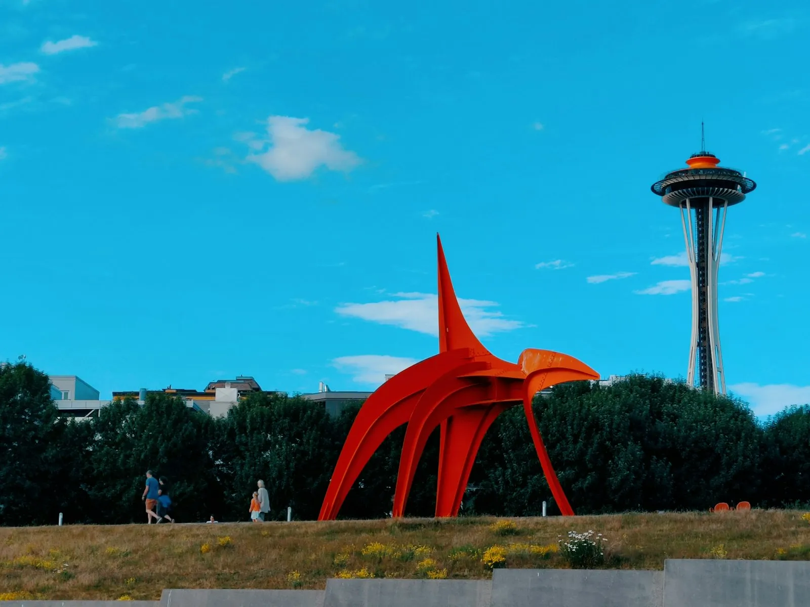 Olympic Sculpture Park 草坡上 Calder 的红色钢雕 Eagle，右后方是太空针