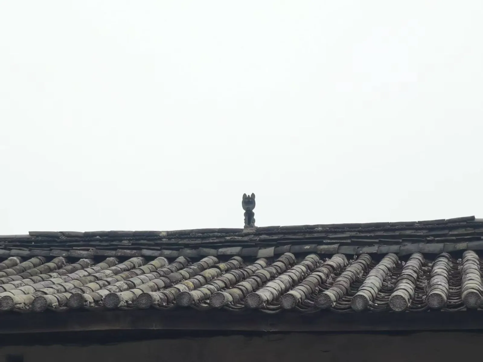 束河古镇一处灰瓦屋顶，屋脊正中蹲着一只造型古朴的瓦猫，背景是空旷的天空