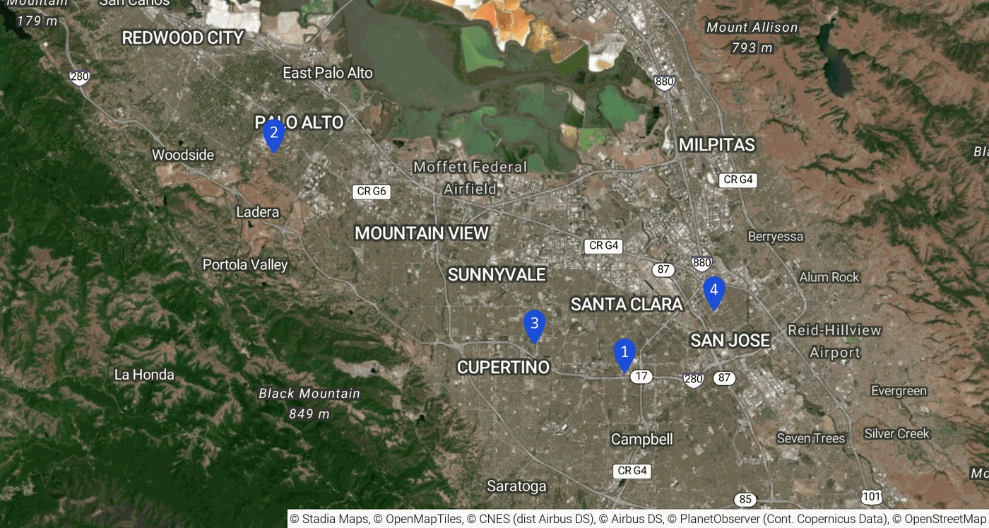 南湾四个自助日的片区位置:San Jose 的 Winchester 与 Santana Row、Palo Alto 的 Stanford、Cupertino 的 Apple Park、Downtown San Jose 的 Japantown