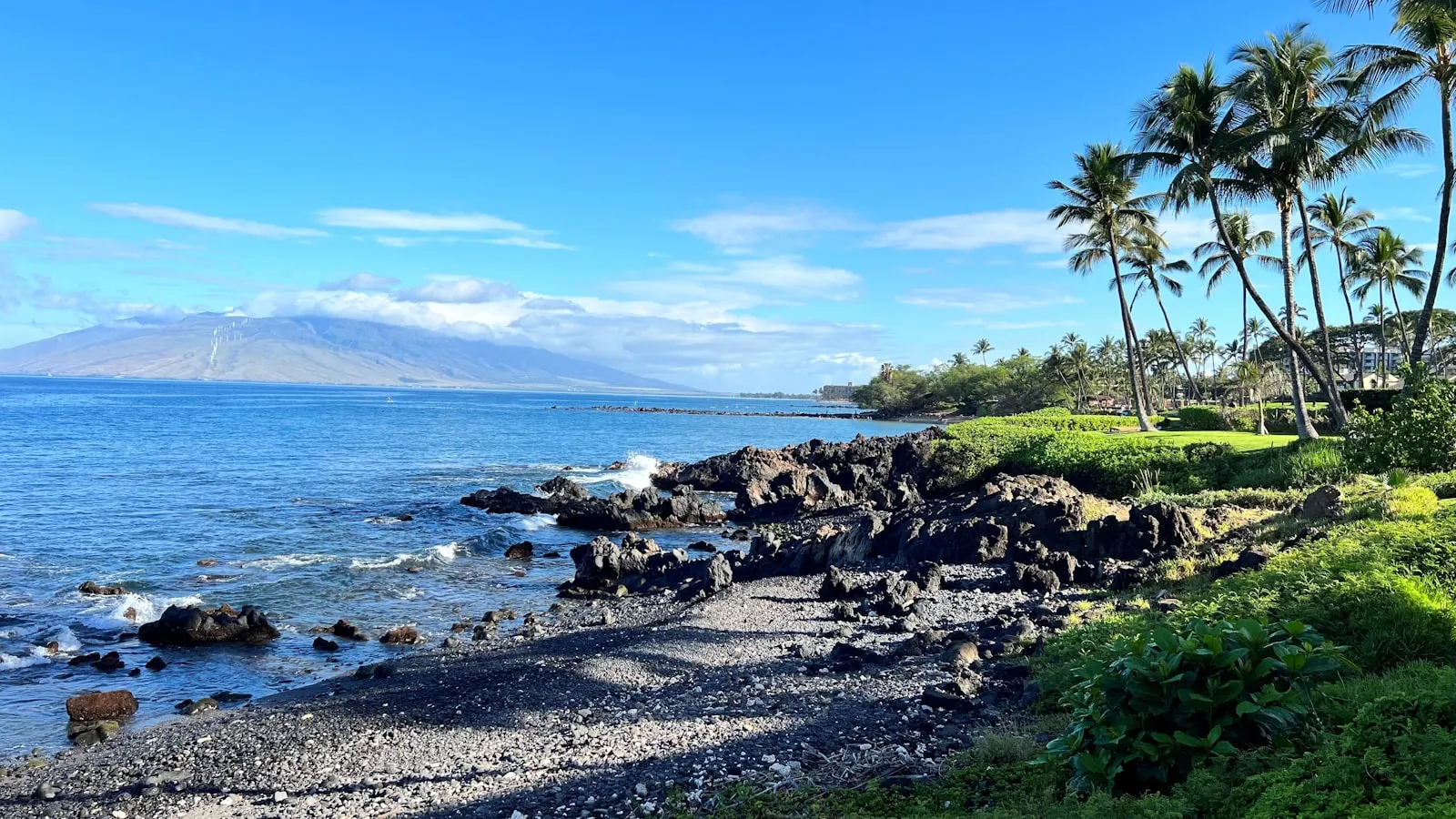 Wailea 度假区前的熔岩海岸、棕榈树与草坪，远处是西毛伊山脉