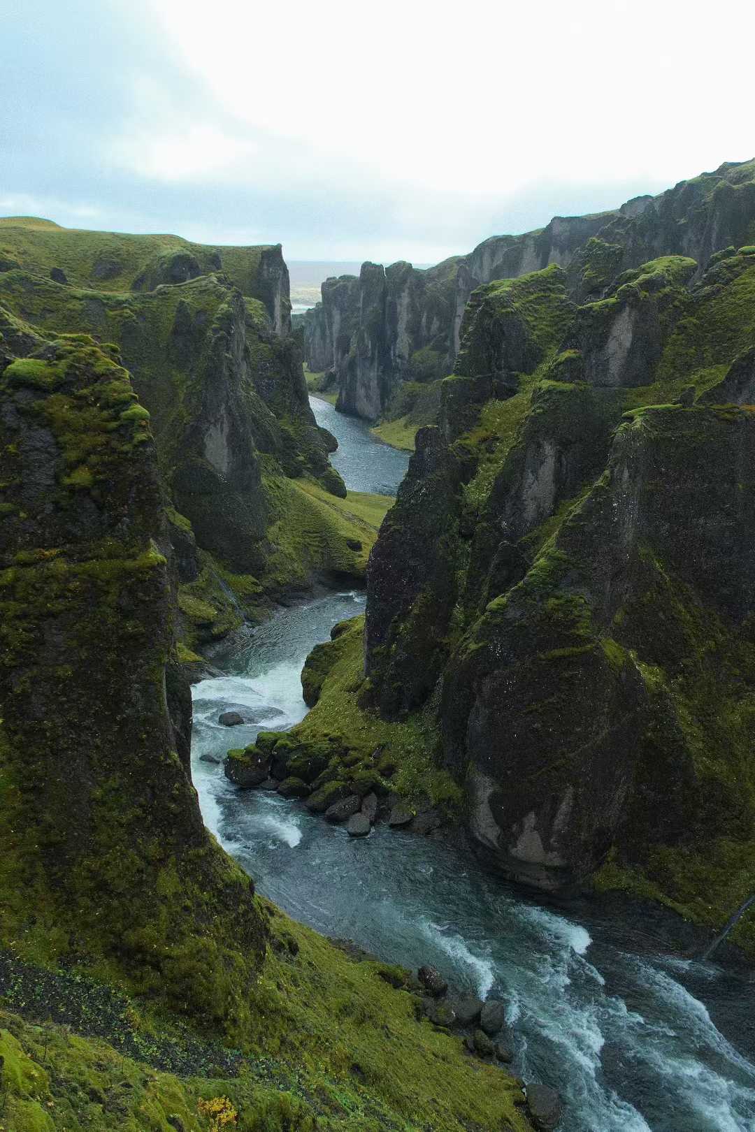 Fjaðrárgljúfur 大峡谷，蜿蜒的河流穿过覆盖植被的峡谷