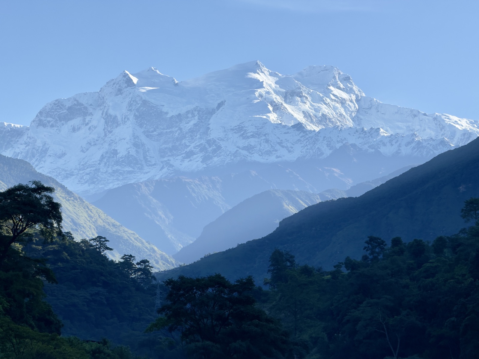 绿色山谷尽头耸立着大片覆雪的山体，山顶在蓝天下泛着冷光