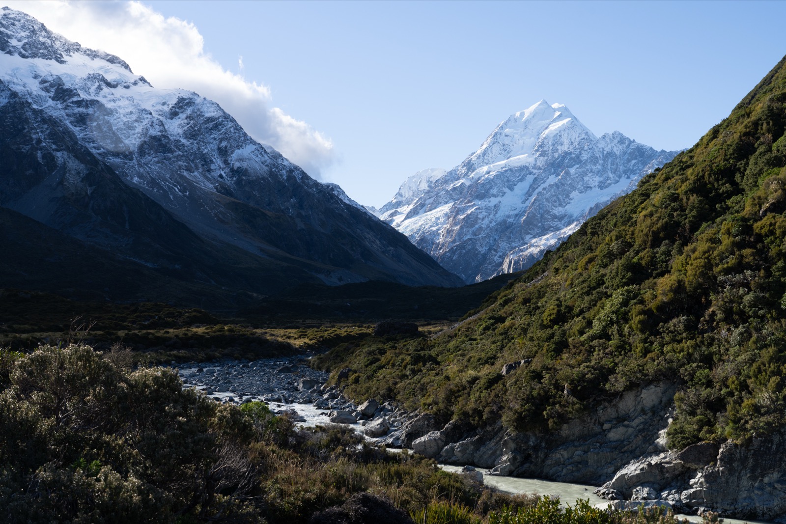 库克山山谷，两侧覆雪山峰之间一条河流蜿蜒，两岸绿意