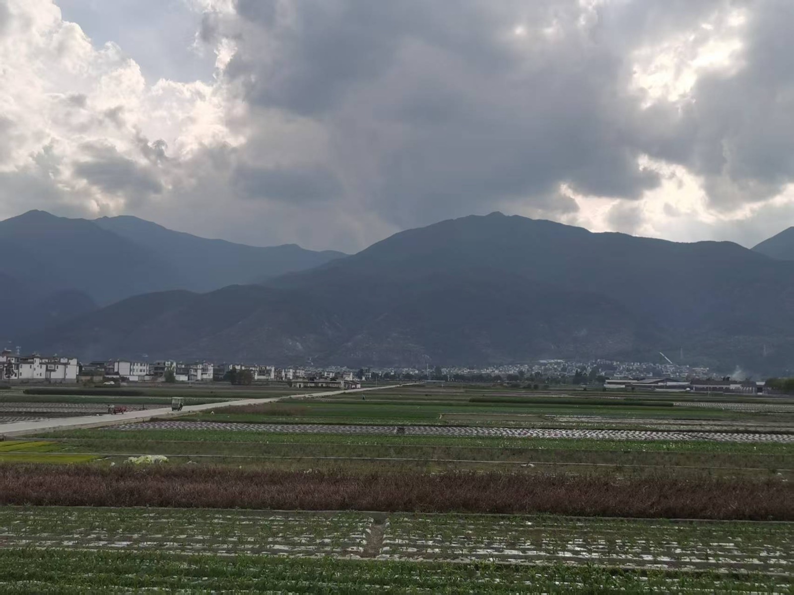 大理海西沿途田园风光，整齐的农田一直铺到山脚，远处是连绵青山与厚重云层
