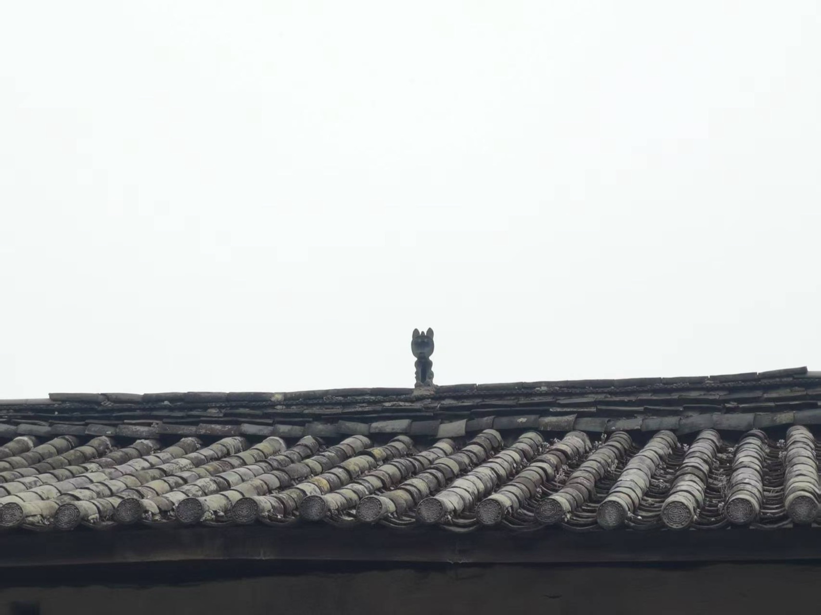 束河古镇一处灰瓦屋顶，屋脊正中蹲着一只造型古朴的瓦猫，背景是空旷的天空
